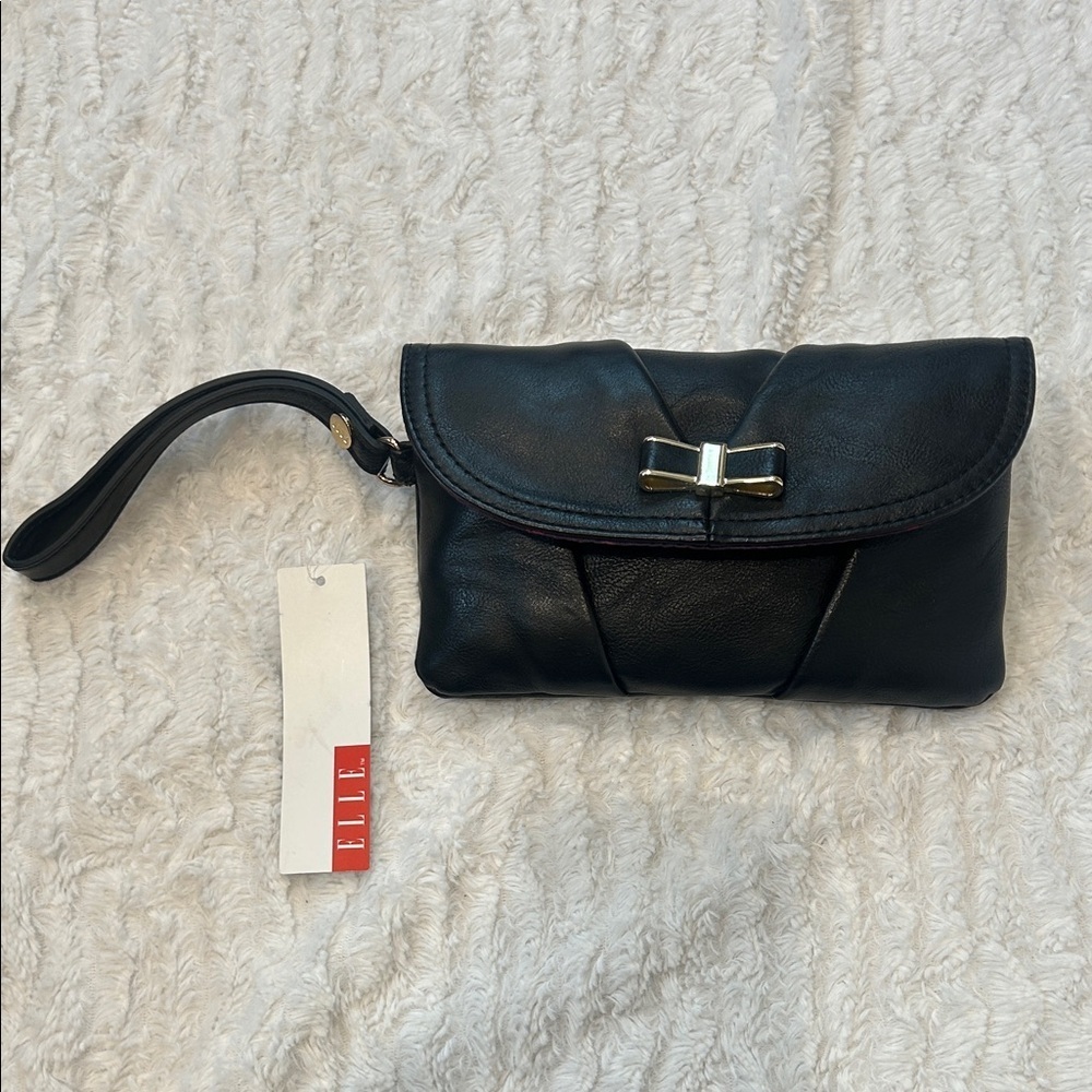 Elle chic Black Wristlet with Gold Bow snap closure new w tag